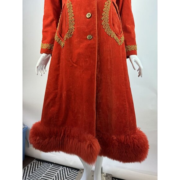 Vintage 70s Red Velvet Penny Lane Coat W/ Gold Embroidery & faux Fur Trim Hood - Picture 13 of 16